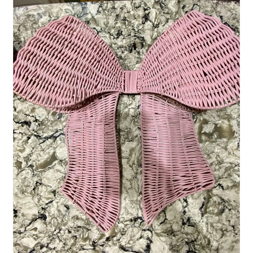 2 Giant Pink Wicker Decorative Wall Bows 19x20